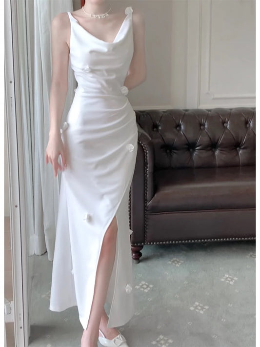 Pretty Mermaid Straps White Slit Long Prom Dresses Evening Dress C2395