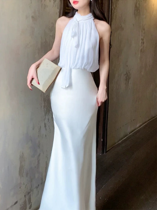 Pretty Mermaid Halter Sleeveless White Chiffon Long Prom Dresses Evening Dress C2397