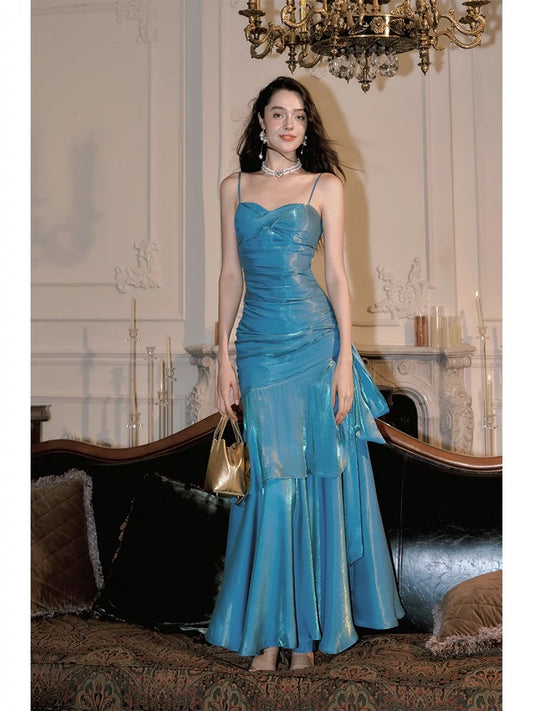 Vintage Mermaid Spaghetti Straps Sleeveless Blue Long Prom Dresses Evening Dress C2398