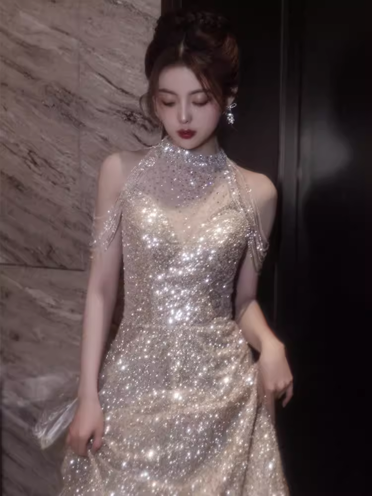 Robe de bal longue à paillettes, ligne A, sexy, décolleté haut, dos nu, tenues d'anniversaire, C239