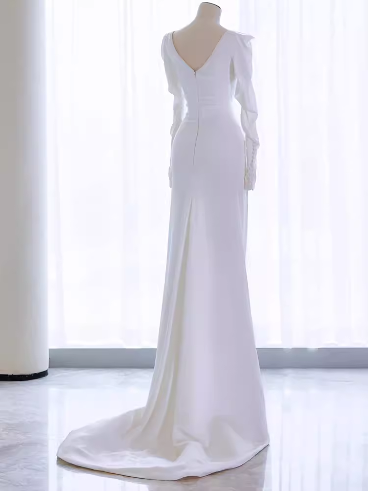 Robes de mariée longues en Satin blanc, sirène Vintage, manches longues, C23