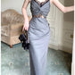 Sexy Sheath Spaghetti Straps Gray Long Length Prom Dresses Evening Dress C2402