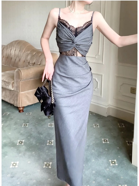 Sexy Sheath Spaghetti Straps Gray Long Length Prom Dresses Evening Dress C2402