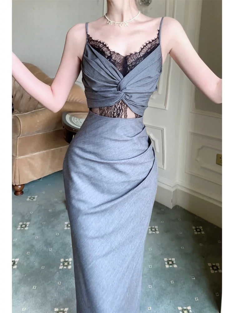 Sexy Sheath Spaghetti Straps Gray Long Length Prom Dresses Evening Dress C2402