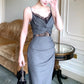 Sexy Sheath Spaghetti Straps Gray Long Length Prom Dresses Evening Dress C2402