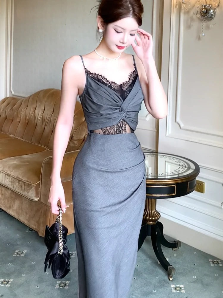 Sexy Sheath Spaghetti Straps Gray Long Length Prom Dresses Evening Dress C2402