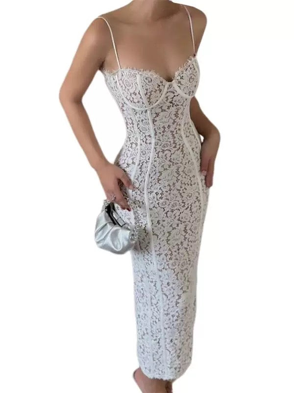 Sexy Sheath Spaghetti Straps White Lace Ankle Length Prom Dresses Evening Dress C2403