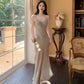 Sexy Sheath Spaghetti Straps Champagne Ankle Length Prom Dresses Evening Dress C2404