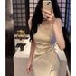 Sexy Sheath Ivory Satin Slit Ankle Length Prom Dresses Evening Dress C2405