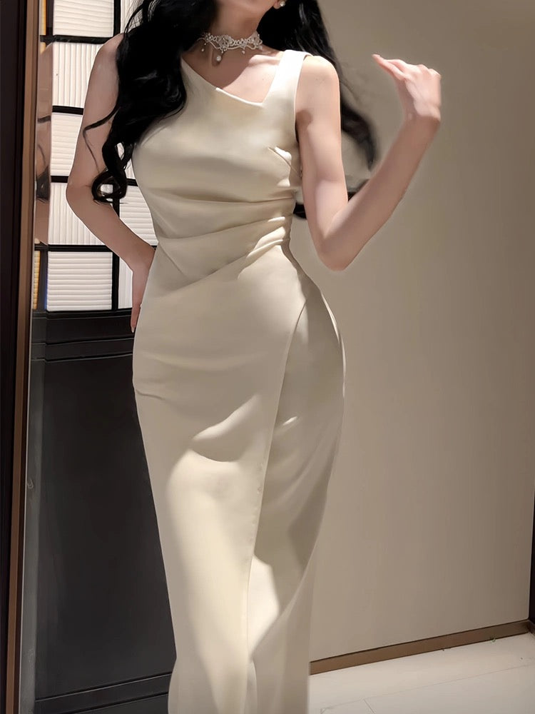 Sexy Sheath Ivory Satin Slit Ankle Length Prom Dresses Evening Dress C2405