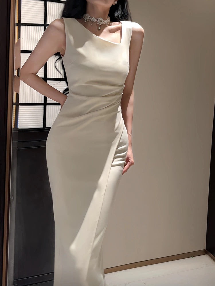 Sexy Sheath Ivory Satin Slit Ankle Length Prom Dresses Evening Dress C2405