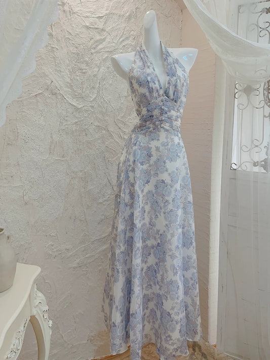 Robe de soirée longue en mousseline de soie à fleurs lilas avec licou en ligne A C2407