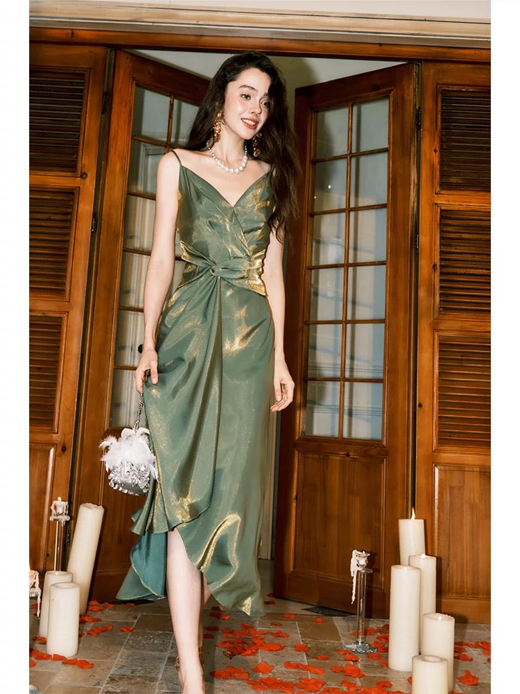 Robe de soirée vintage à bretelles spaghetti sans manches vert olive C2425