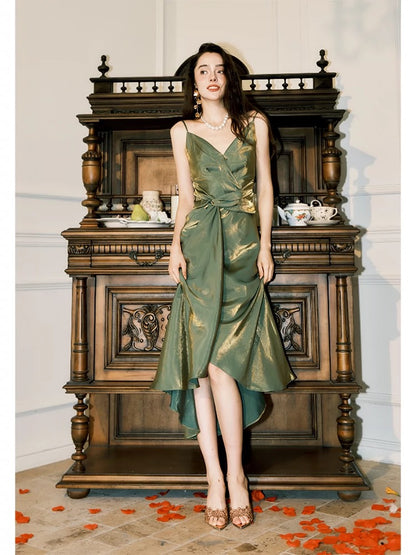 Robe de soirée vintage à bretelles spaghetti sans manches vert olive C2425