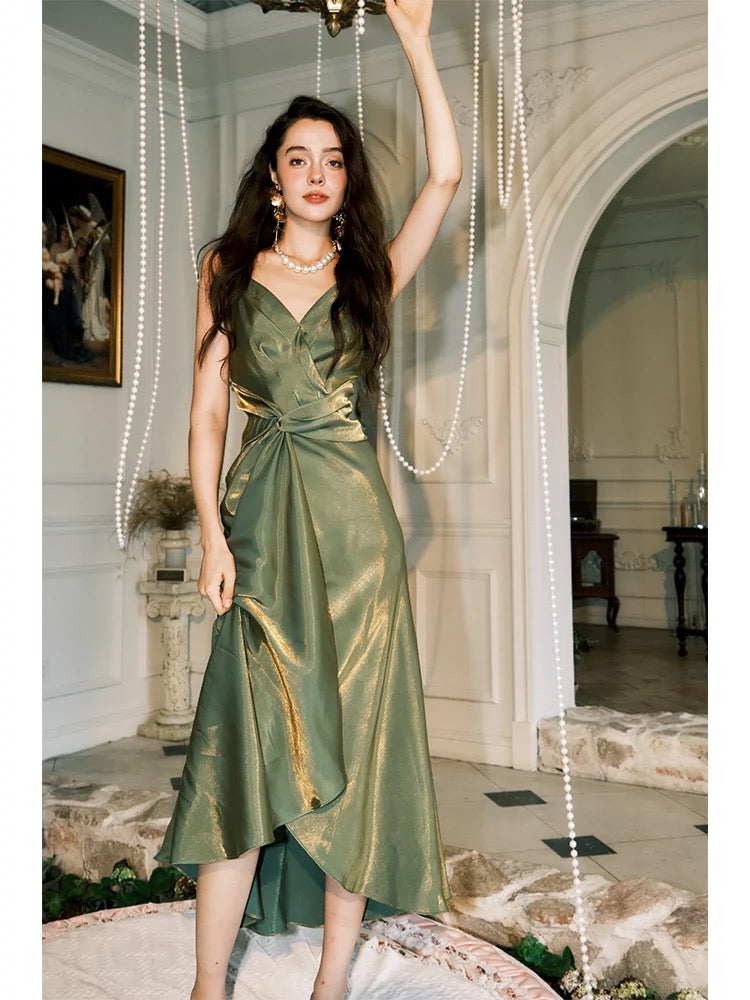 Robe de soirée vintage à bretelles spaghetti sans manches vert olive C2425