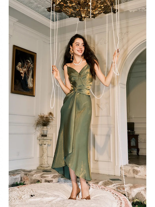 Robe de soirée vintage à bretelles spaghetti sans manches vert olive C2425