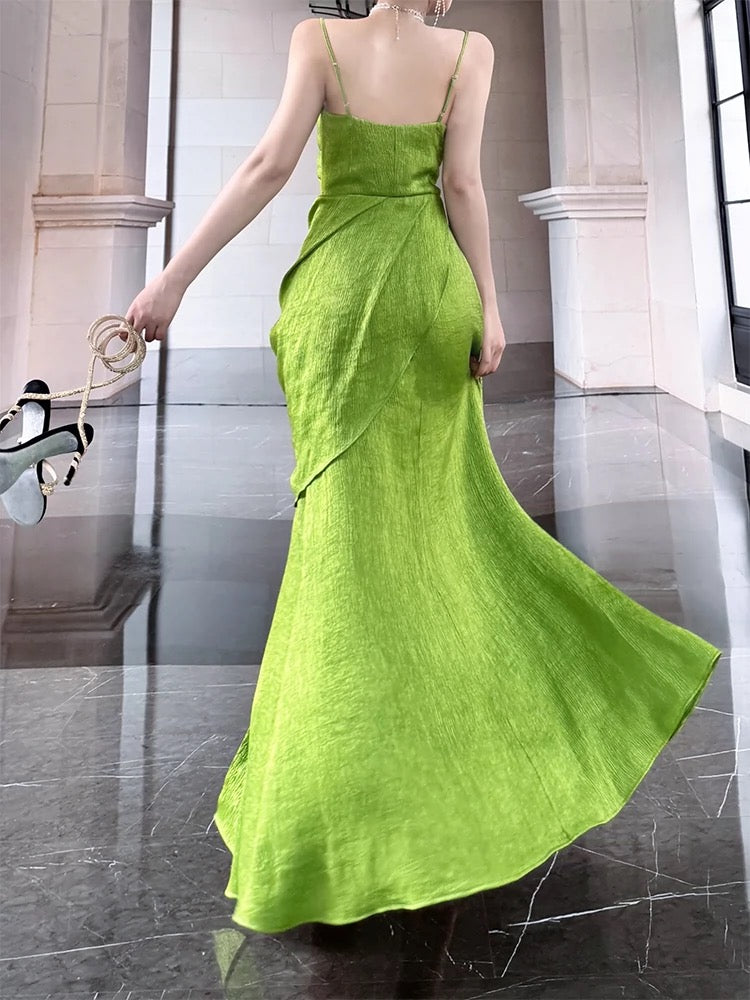 Vintage Sheath Spaghetti Straps Sleeveless Green Slit Prom Dresses Evening Dress C2426