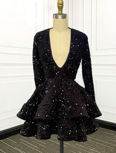 Sexy A line V Neckline Women Sequin Black Homecoming Dress With Ruffles C2429