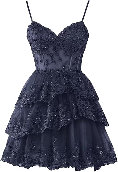 Homecoming Dresses for Teens Sparkly Tulle Lace Applique Tiered A-line Formal Short Mini Homecoming Dress C2443