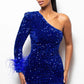 Sparkly One Shoulder Bodycon Velvet Feather Sequin Party Mini Dress Homecoming Dresses C2447