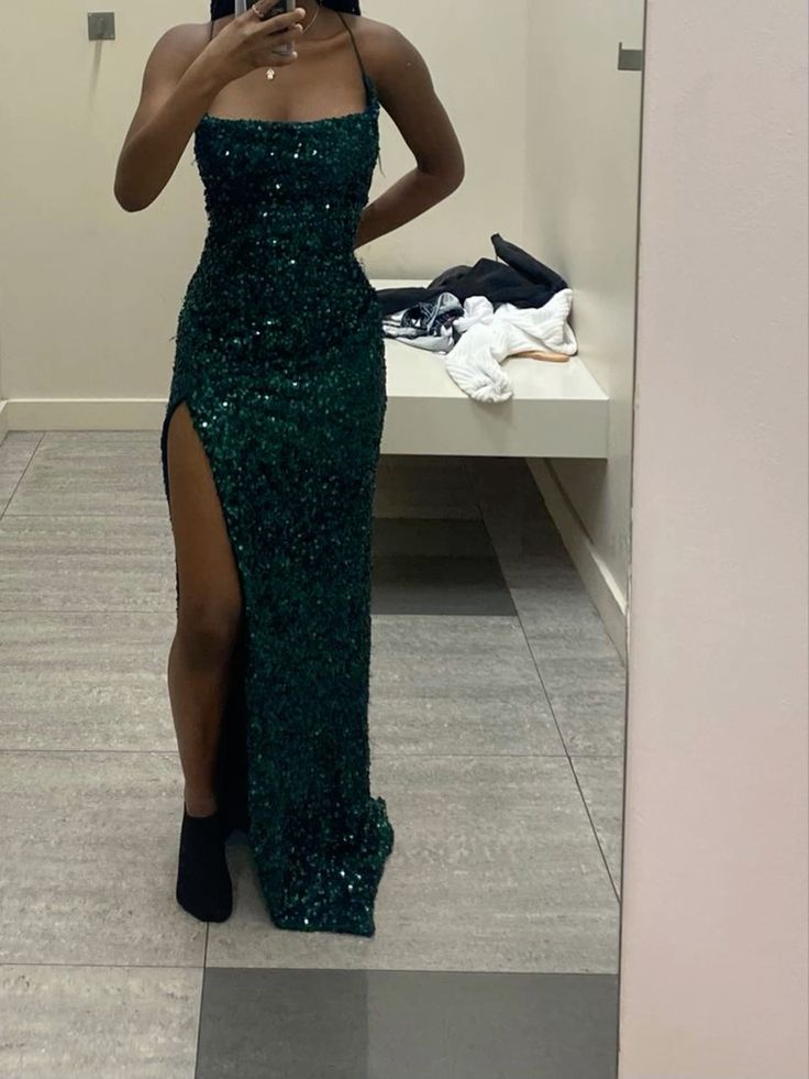 Simple Sheath Spaghetti Straps Green Sequin Slit Long Prom Dress C2449