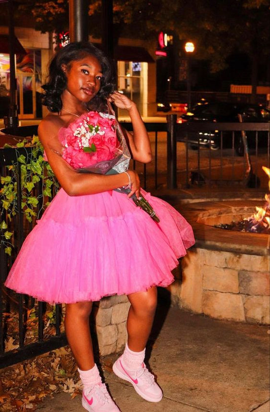 Ball Gown 16th Birthday Outfit Hoco Dress Pink Short Tulle Ruffles Homecoming Dresses C2451