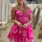 Pretty A-Line Off the Shoulder Hot Pink Sequin Lace Short Homecoming Dresses C2463