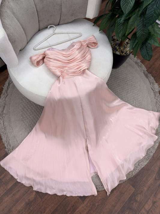 Sexy A Line Off The Shoulder Strapless Pink Long Prom Dresses Evening Dress With Ruffles C2467