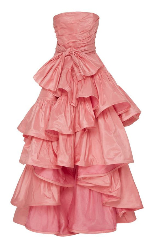 Ball Gown Strapless Pink Long Prom Dresses Evening Dress With Ruffles C2469