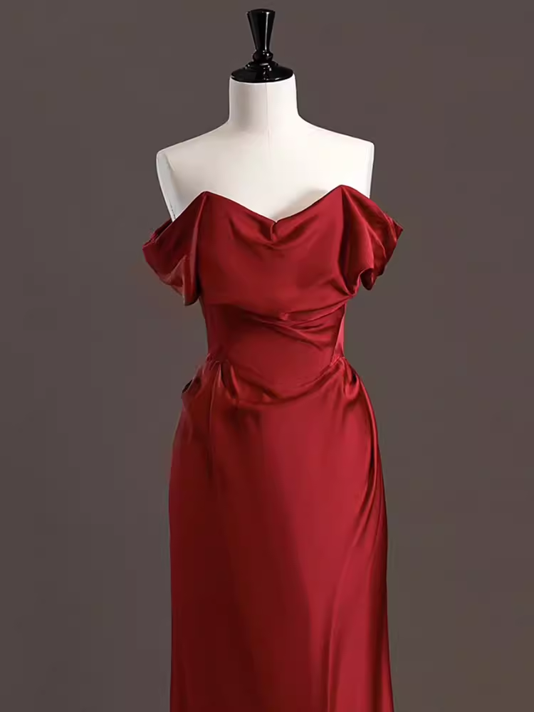 Robe de bal longue en Satin rouge, Sexy, épaules dénudées, tenue d'anniversaire, C246