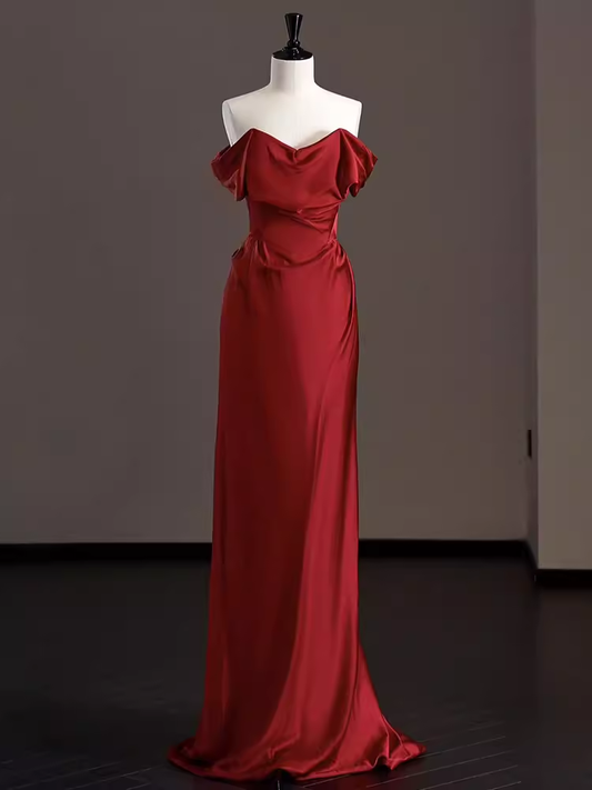 Robe de bal longue en Satin rouge, Sexy, épaules dénudées, tenue d'anniversaire, C246