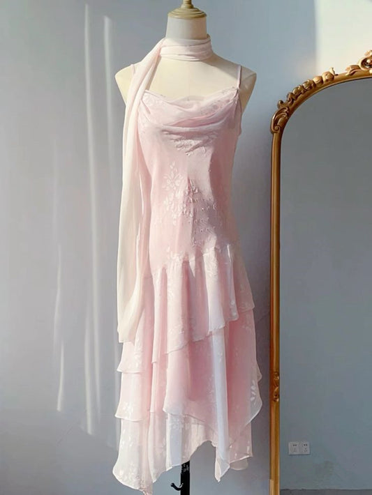 Classic A Line Spaghetti Straps Pink Chiffon Prom Dress With Ruffles C2475