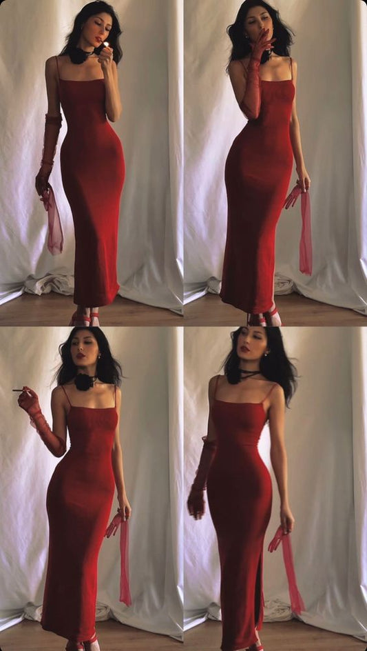 Classic Sheath Spaghetti Straps Long Red Prom Dresses With Slit C2484