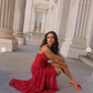 Pretty Sheath Spaghetti Straps Red Ruffles Chiffon Slit Prom Dresses C2487