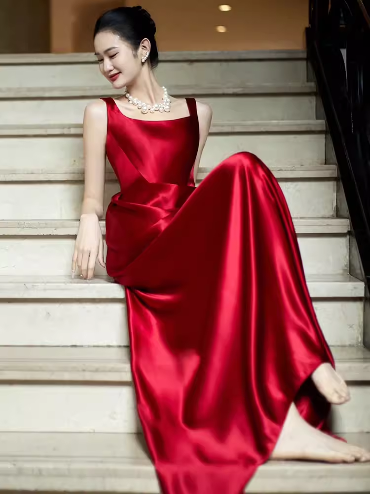 Robe de bal en Satin rouge, ligne A, sexy, bretelles, tenue longue d'anniversaire, C248