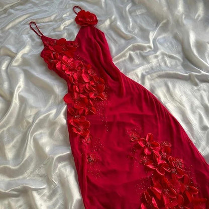 Sexy Sheath Spaghetti Straps Sleeveless Red Chiffon Prom Dresses Evening Gowns C2497