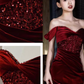 Sexy Mermaid Burgundy Off The Shoulder Long Prom Dresses Satin Birthday Outfits C249