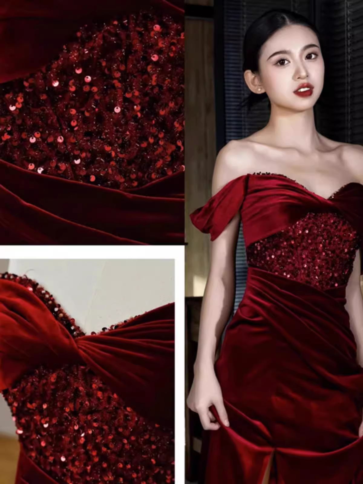 Robe de bal longue en Satin bordeaux, Sexy, épaules dénudées, tenue d'anniversaire, C249