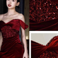 Sexy Mermaid Burgundy Off The Shoulder Long Prom Dresses Satin Birthday Outfits C249