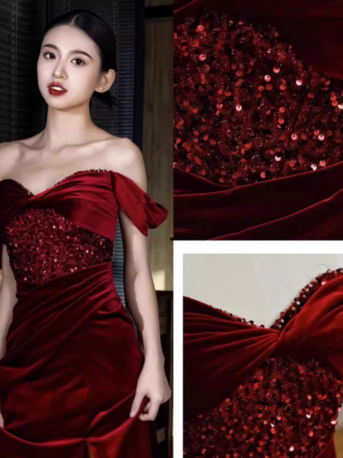 Robe de bal longue en Satin bordeaux, Sexy, épaules dénudées, tenue d'anniversaire, C249