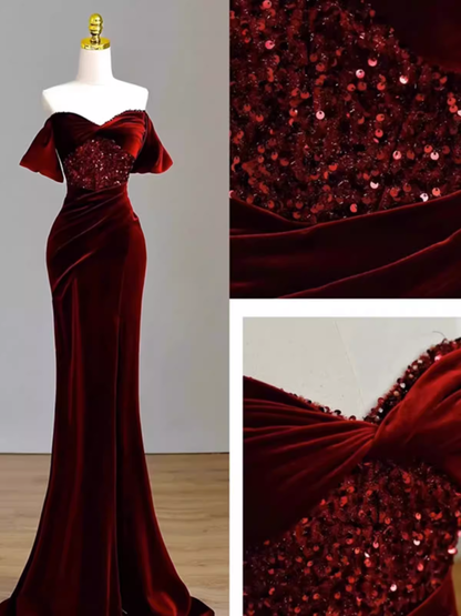 Robe de bal longue en Satin bordeaux, Sexy, épaules dénudées, tenue d'anniversaire, C249