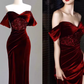 Sexy Mermaid Burgundy Off The Shoulder Long Prom Dresses Satin Birthday Outfits C249