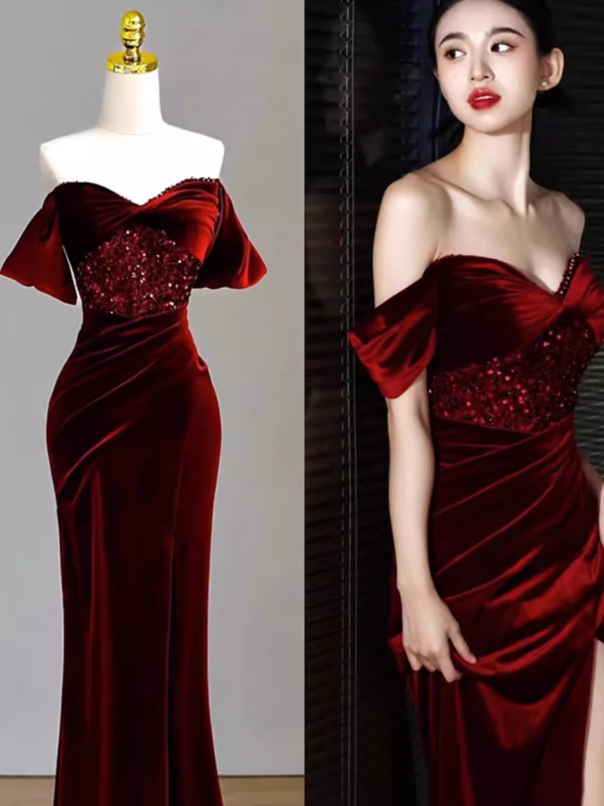 Robe de bal longue en Satin bordeaux, Sexy, épaules dénudées, tenue d'anniversaire, C249