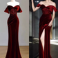 Sexy Mermaid Burgundy Off The Shoulder Long Prom Dresses Satin Birthday Outfits C249