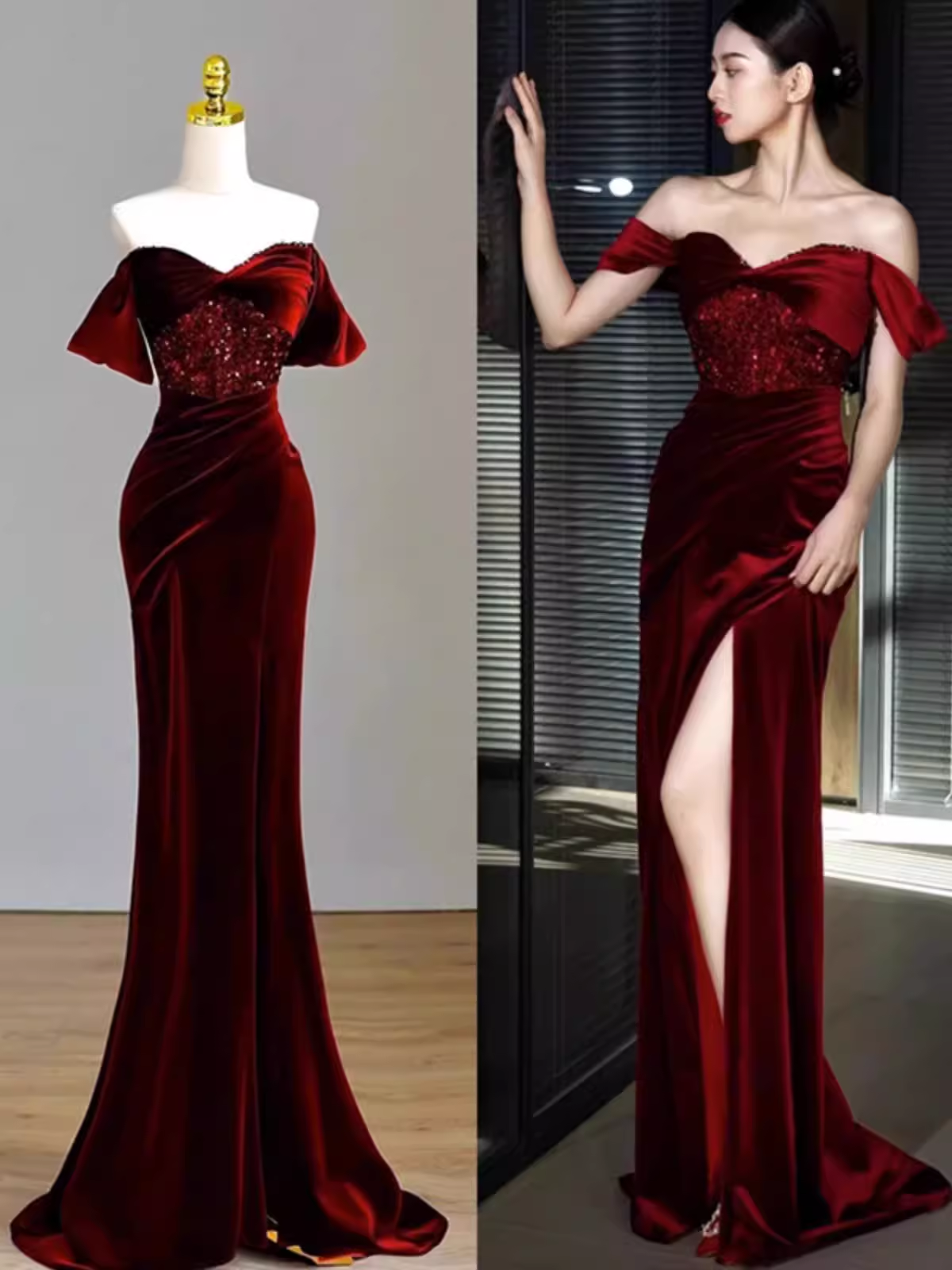 Robe de bal longue en Satin bordeaux, Sexy, épaules dénudées, tenue d'anniversaire, C249