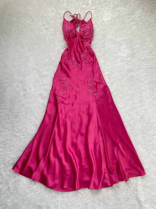 Sexy Sheath Spaghetti Straps Sleeveless Hot Pink Satin Backless Prom Dresses Evening Gowns C2500