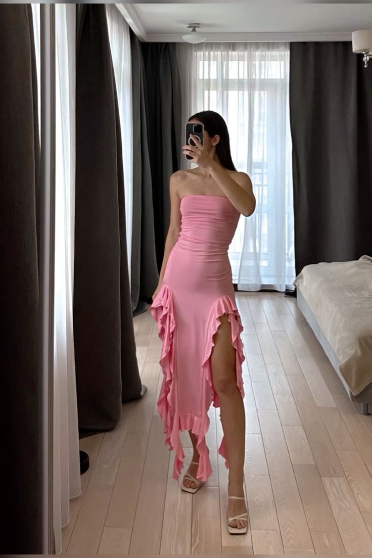 Sexy Sheath Asymmetric Strapless Sleeveless Pink Prom Dresses Evening Gowns C2509