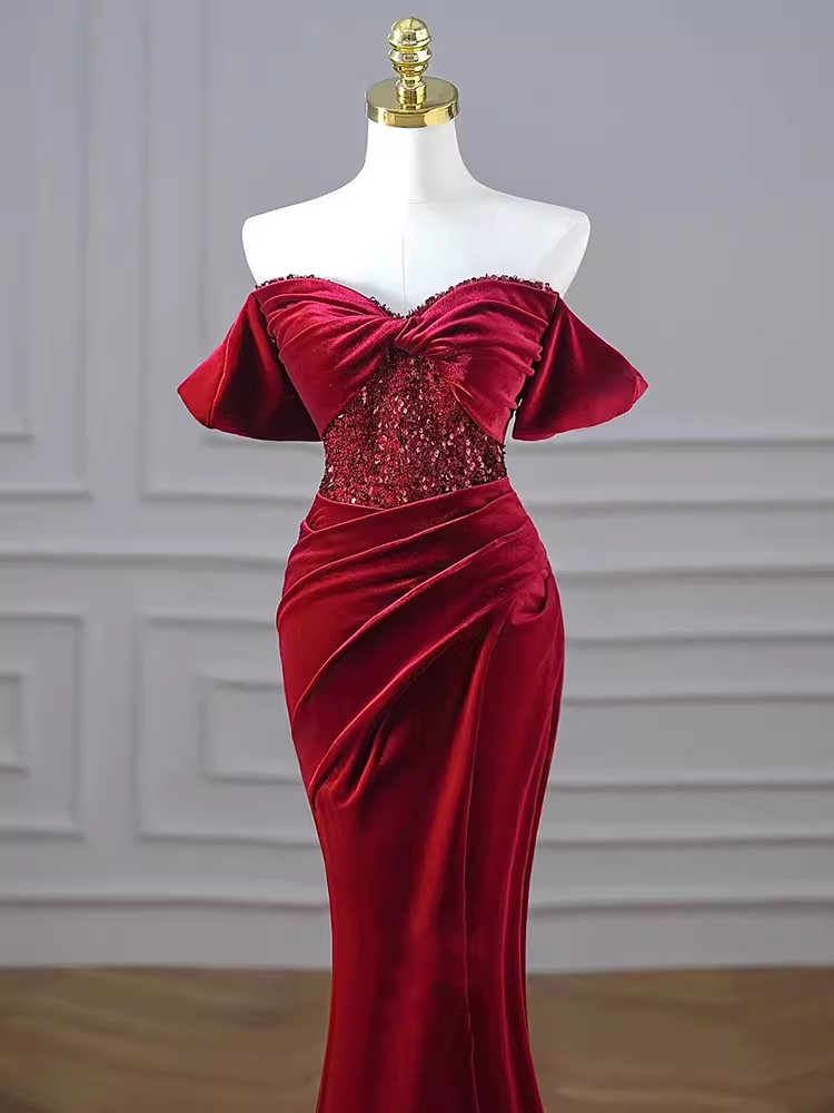 Robe de bal longue en velours bordeaux, Sexy, épaules dénudées, tenue d'anniversaire, C250