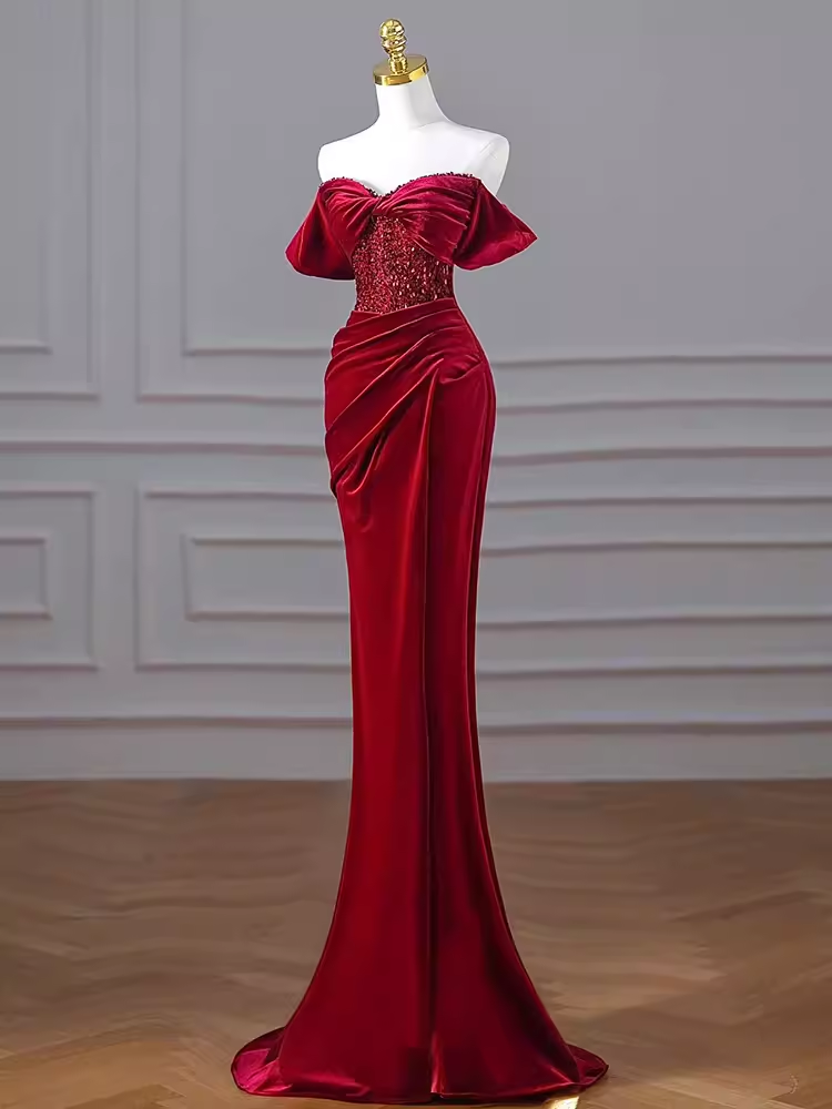 Robe de bal longue en velours bordeaux, Sexy, épaules dénudées, tenue d'anniversaire, C250