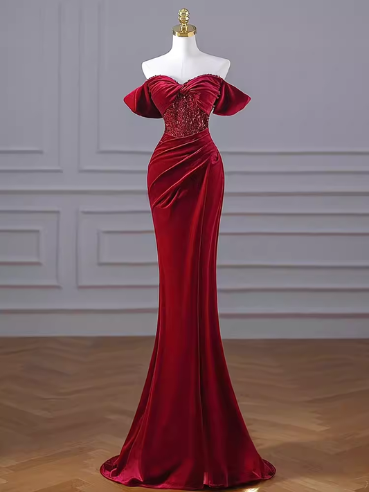 Robe de bal longue en velours bordeaux, Sexy, épaules dénudées, tenue d'anniversaire, C250